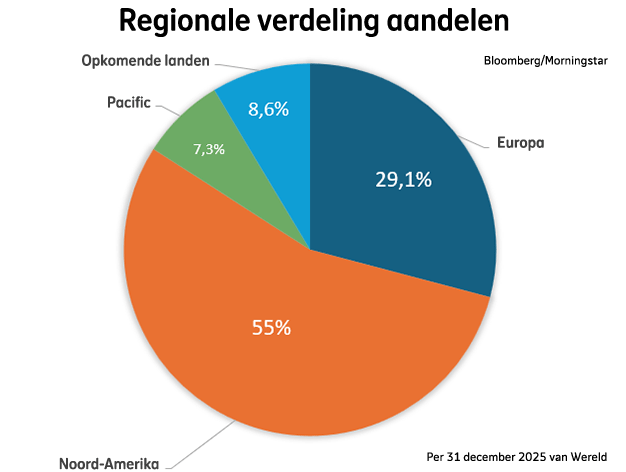 Regionale verdeling van aandelen bij Beheerd Beleggen Wereld in kwartaal 4 2025: Noord-Amerika was 55%, Europa was 29,1%, Opkomende landen was 8,6%, Pacific was 7,3%.