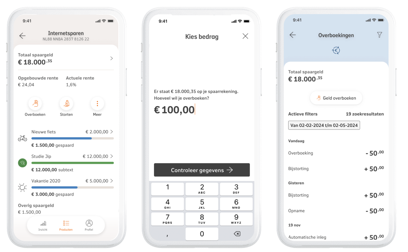plaatje met daarop 3 afbeeldingen van schermen van de NN app. Op scherm 1 zie je spaardoelen, op scherm 2 wordt uitgelegd hoe overmaken eruit ziet en op scherm 3 het totaal van je overboekingen van je rekeningen  plaatje met daarop 3 afbeeldingen van schermen van de NN app. Op scherm 1 zie je spaardoelen, op scherm 2 wordt uitgelegd hoe overmaken eruit ziet en op scherm 3 het totaal van je overboekingen van je rekeningen