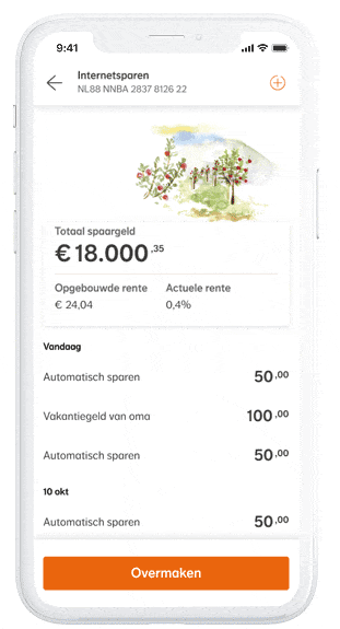 Smartphone toont spaarrekening met €18.000,35 saldo, €24,04 rente en 0,4% rentepercentage. Transacties: automatisch sparen en vakantiegeld van oma. Knop 'Overmaken' onderaan zichtbaar. Smartphone toont spaarrekening met €18.000,35 saldo, €24,04 rente en 0,4% rentepercentage. Transacties: automatisch sparen en vakantiegeld van oma. Knop 'Overmaken' onderaan zichtbaar.