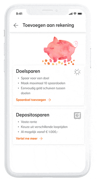 Mobiele bankapp toont opties voor Doelsparen en Depositosparen met roze spaarvarken bovenaan. Knoppen voor spaardoel toevoegen en info over deposito’s. Tekst beschrijft voordelen van beide spaarvormen. Mobiele bankapp toont opties voor Doelsparen en Depositosparen met roze spaarvarken bovenaan. Knoppen voor spaardoel toevoegen en info over deposito’s. Tekst beschrijft voordelen van beide spaarvormen.