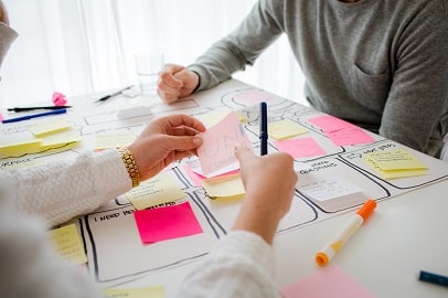 Twee personen plakken post-its Twee personen plakken post-its