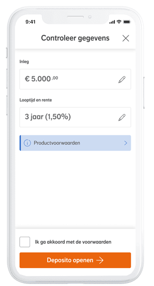 Mobiele app toont scherm 'Controleer gegevens' voor deposito van €5.000 met 3 jaar looptijd en 1,50% rente. Knoppen voor productvoorwaarden en 'Deposito openen', plus checkbox voor akkoord met voorwaarden. Mobiele app toont scherm 'Controleer gegevens' voor deposito van €5.000 met 3 jaar looptijd en 1,50% rente. Knoppen voor productvoorwaarden en 'Deposito openen', plus checkbox voor akkoord met voorwaarden.
